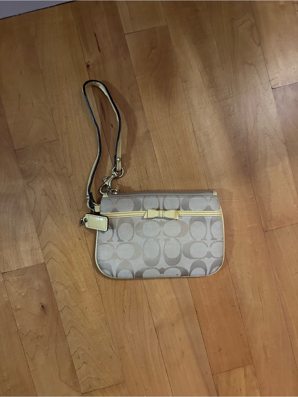 Coach Beige Signature Canvas Wristlet with Yellow Trim